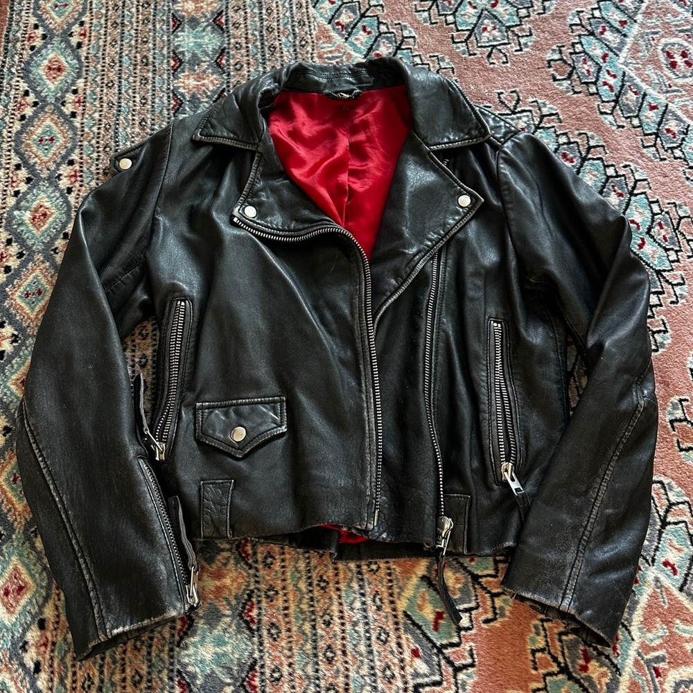 Topshop Black Leather Jacket with Red Interior
